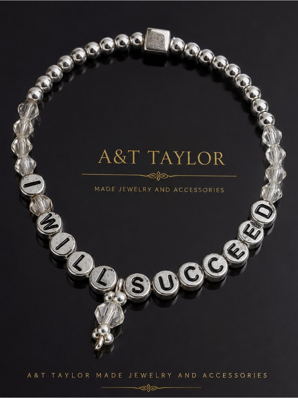 Silver 'I WILL SUCCEED' Beaded Bracelet - Clear Accent